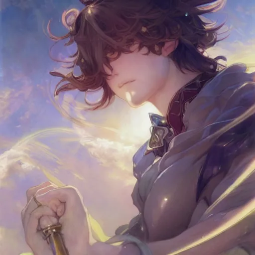 Image similar to a beautiful painting of sandalphon from granblue fantasy, shimmering and prismatic, rococo, by krenz cushart and mucha, trending on artstation.