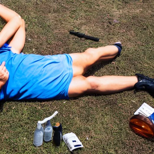 Prompt: cop shooting big bottle of water, man lying on ground