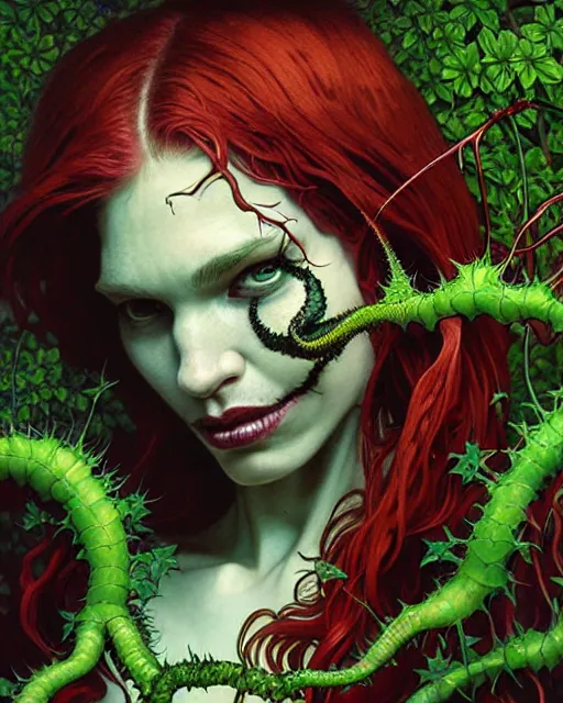 Image similar to closeup portrait the platonic ideal of flowers and roots of cletus kasady, venom, poison ivy, ultimate beautiful succubus, intricate, hyperrealism, intense, dmt, artgerm, moebius, greg rutkowski, dan mumford, alphonse mucha