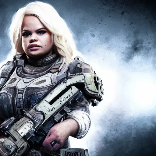 Image similar to Portrait of trisha paytas in Gears of War, splash art, movie still, cinematic lighting, dramatic, octane render, long lens, shallow depth of field, bokeh, anamorphic lens flare, 8k, hyper detailed, 35mm film grain