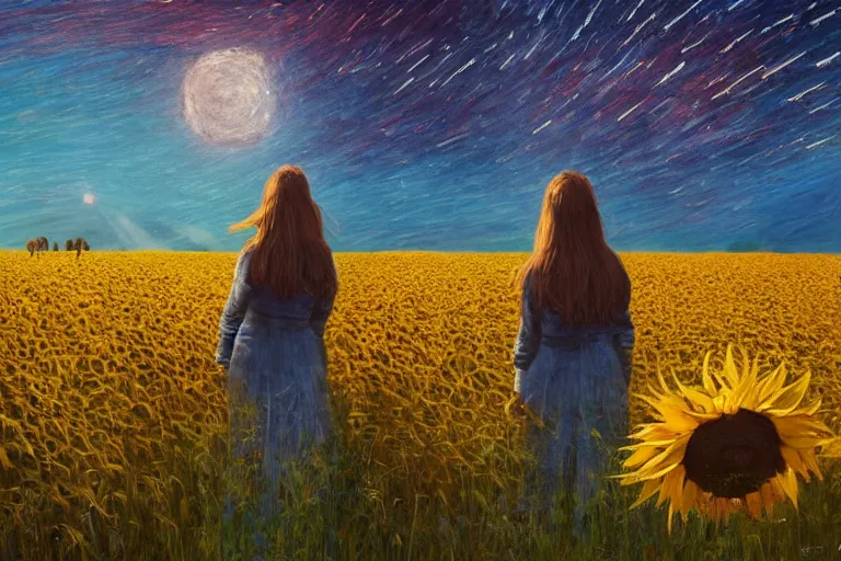 Image similar to giant sunflower as a head, girl walking in wheat field, hills, surreal photography, dark night, star trails, dramatic light, impressionist painting, clouds, digital painting, artstation, simon stalenhag