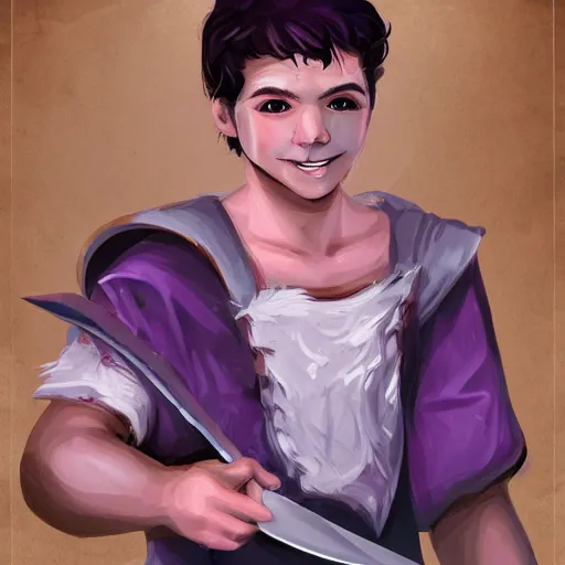 Image similar to duergar male child character portrait with pale purple skin, shabby clothes, leather pouch, wielding kitchen knife, smiling, youthful, dungeons and dragons, digital art