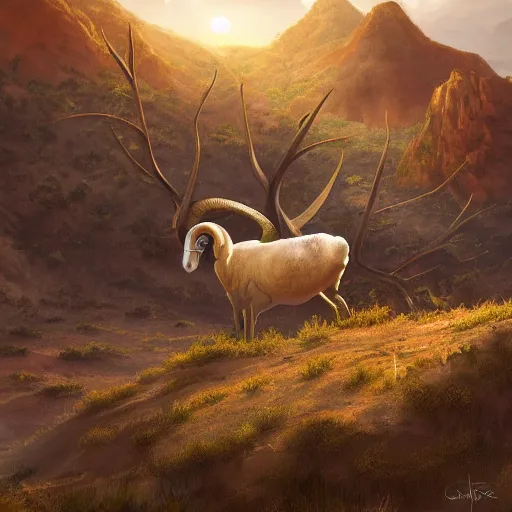 Image similar to ram stuck to a bush by it's horns, caught with its horn in a bush. Desert mountain background. Sunrise. digital painting, concept art, highly detailed, promotional art, HD, digital painting, trending on ArtStation, golden ratio, rule of thirds