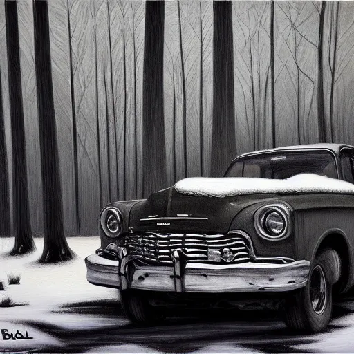 Prompt: rusty ford bel air in winter forest, grey scale, oil painting by Bob Ross