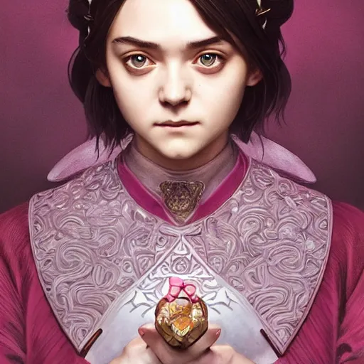 Image similar to portrait of an Arya Stark Hello Kitty hybrid, D&D, fantasy, intricate, elegant, highly detailed, digital painting, artstation, concept art, smooth, sharp focus, illustration, art by artgerm and greg rutkowski and alphonse mucha