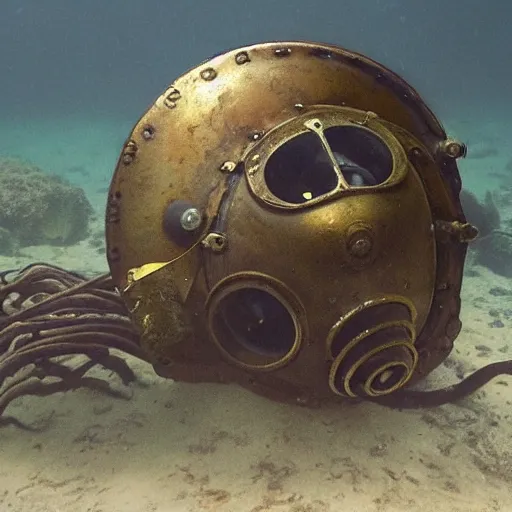 Prompt: a dimly lit underwater scene featuring an old brass divers helmet with jellyfish tentacles wrapped around it