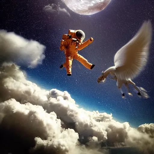 Prompt: a dreamy photograph of an astronaut riding a Pegasus flying above the clouds, mystical