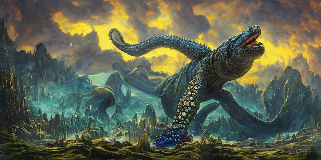 Image similar to fantasy oil painting, great leviathan, cybernetic turtle cephalopod terrapin reptilian pachyderm squid, bella hadid, hybrid, milla jovovich, anubis, epic natural light, lush plants flowers, spectacular mountains, bright clouds, luminous sky, outer worlds, golden hour, michael cheval, edward hopper, michael whelan, vray, hd