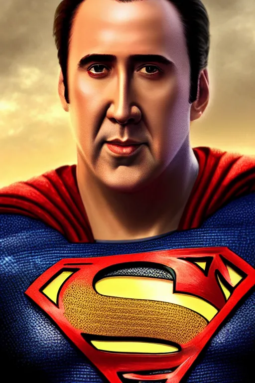 Image similar to Portrait of Nicolas Cage as superman, DC, justice league, cinematic lighting, intricate, elegant, highly detailed, digital painting, artstation, painted by Artgerm and Mark Waid and Greg Rutkowski and Mandy Jurgens and Snyder