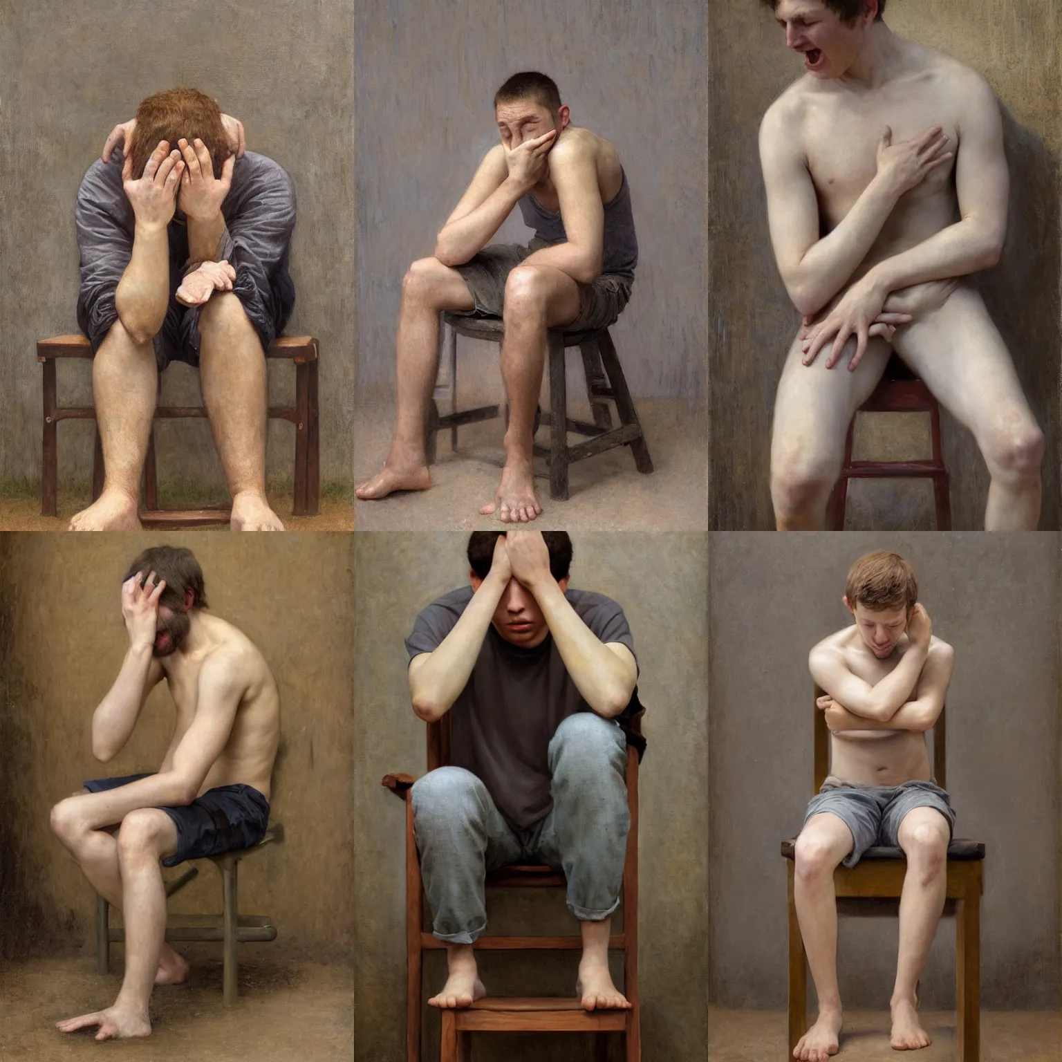 Prompt: A young man trying to cover his face with both hands seated on a wood chair and a concrete wall background by Alyssa Monks, Bouguereau; Full body; desperate face expression; hyper realism, Realistic proportions, dramatic lighting, high detail 4K