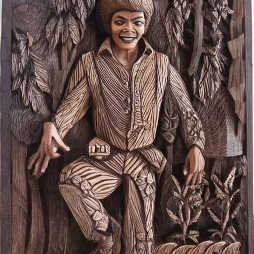 Image similar to intricate wood carving of michael jackson having a picnic