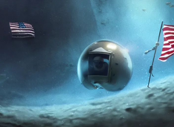 Image similar to astronaut underwater putting a flag on the sand in the bottom of the ocean. in the background, a spherical submarine is visible. dark, concept art, cinematic, dramatic, atmospheric, 8 k, trending on artstation, zack snyder