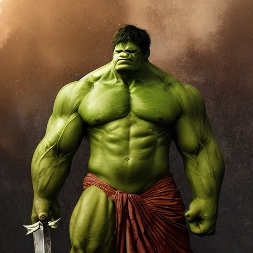 Prompt: the hulk wearing heavy armor carrying a big greatsword in his hands, au naturel, hyper detailed, digital art, trending in artstation, cinematic lighting, studio quality, smooth render, unreal engine 5 rendered, octane rendered, art style by klimt and nixeu and ian sprigger and wlop and krenz cushart