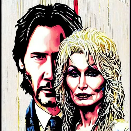 Image similar to American Gothic, with Keanu Reeves and Dolly Parton, by MARVEL comics and Sandra Chevrier