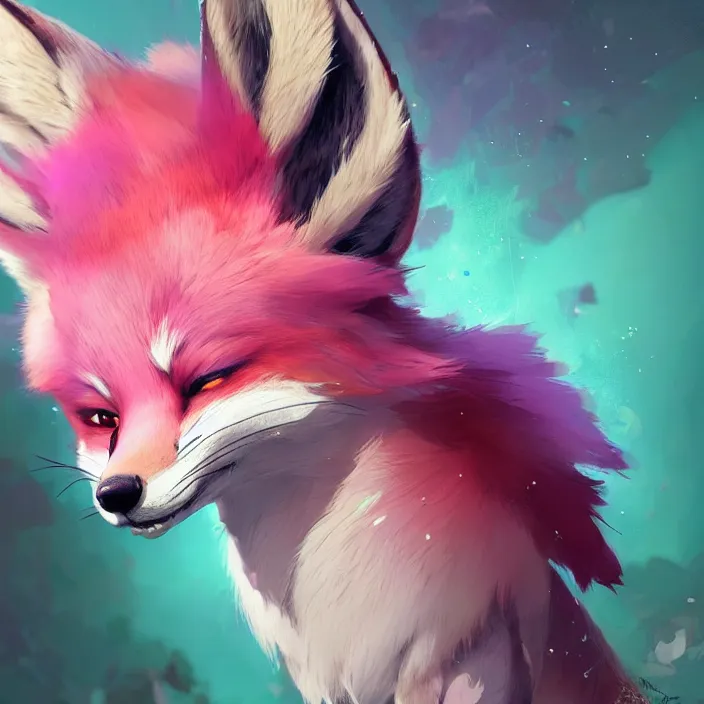 Image similar to a beautiful headshot portrait of a cute anime male fox boy with pink and green fur. character design by cory loftis, fenghua zhong, ryohei hase, ismail inceoglu and ruan jia. artstation, volumetric light, detailed, photorealistic, fantasy, rendered in octane