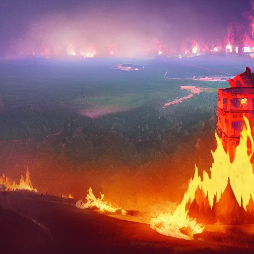 Image similar to a royal grand medieval castle on fire, on top of a hill, birds eye view from a distance, intense smoke, burning down, intense flames, center focus, landscape by simon stalenhag, rendered by beeple, by makoto shinkai, digital art