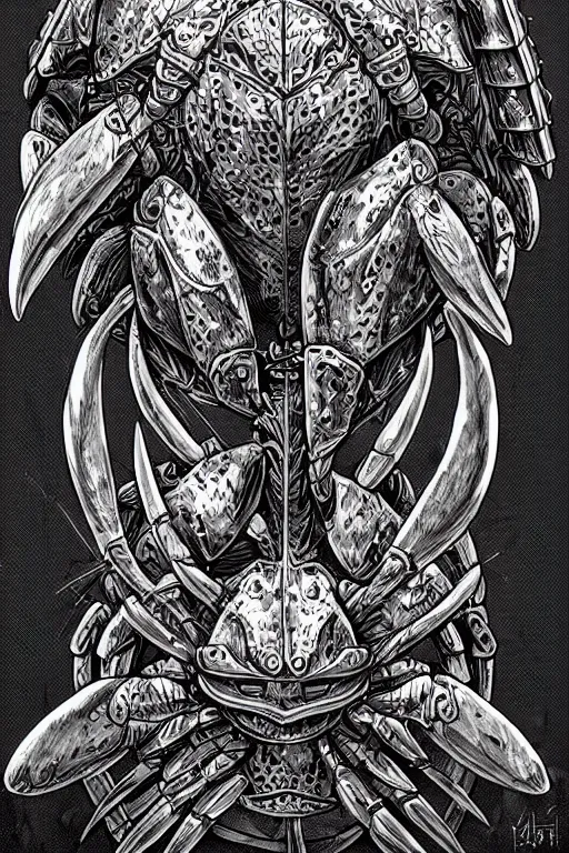 Image similar to human warrior, crab themed armour, crab claws symmetrical, highly detailed, digital art, needles, sharp focus, trending on art station, kentaro miura manga art style