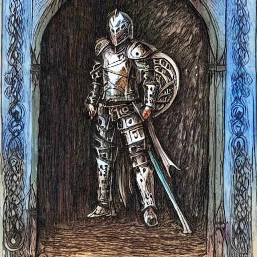 Prompt: gothic knight, intricate etched armor, standing astride a gate, water color, in the style of terese nielsen, full color