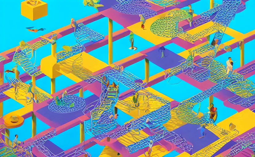Image similar to chutes and ladders. centered award winning acrylic painting, isometric illustration by beeple, edited by mc escher, detailed by raqib shaw, popsurrealism, symmetrically isometrically centered