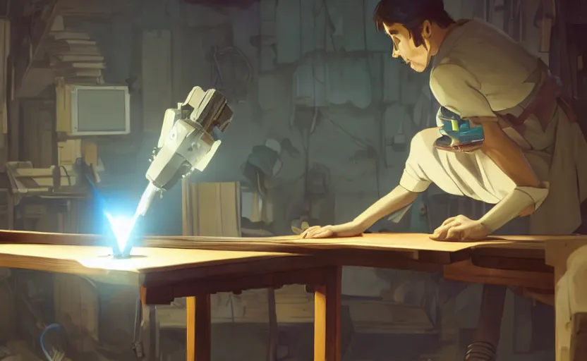 Prompt: a wholesome animation key shot of a carpenter fixing a broken robot that is on top of a table, medium shot, waist up, studio ghibli, pixar and disney animation, sharp, rendered in unreal engine 5, anime key art by greg rutkowski, bloom, dramatic lighting