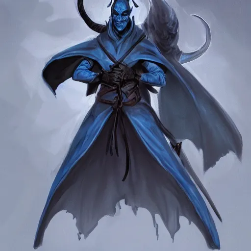 Image similar to D&D character concept art of a cloaked tiefling, tiefling rogue, blue skin color with short horns and a devil tail, fighting pose of a Rogue holding daggers, black cloak hidden in shadows, full body pose, soft colors, fantasy, intricate, elegant, highly detailed, digital painting, artstation, concept art, smooth, sharp focus, illustration, wide angle shot, full body visible, art by artgerm and H R Giger and alphonse mucha