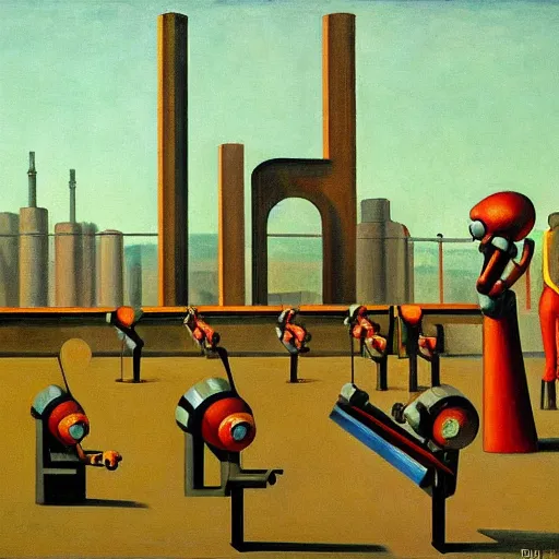 Image similar to drab slave human workers building robots, watched by fascist robots, brutalist factory, dystopian, pj crook, edward hopper, oil on canvas