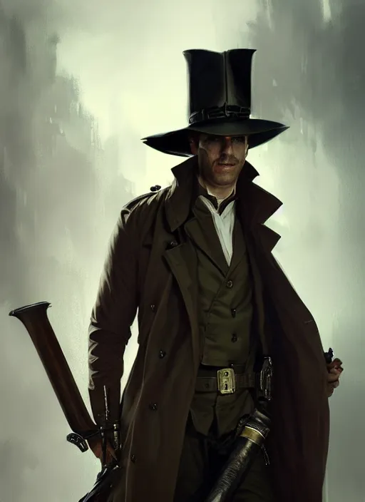 Image similar to portrait of a detective wearing trench coat and smoking puro, holding a sword, victorian, concept art, detailed face, fantasy, close up face, highly detailed, cinematic lighting, digital art painting by greg rutkowski