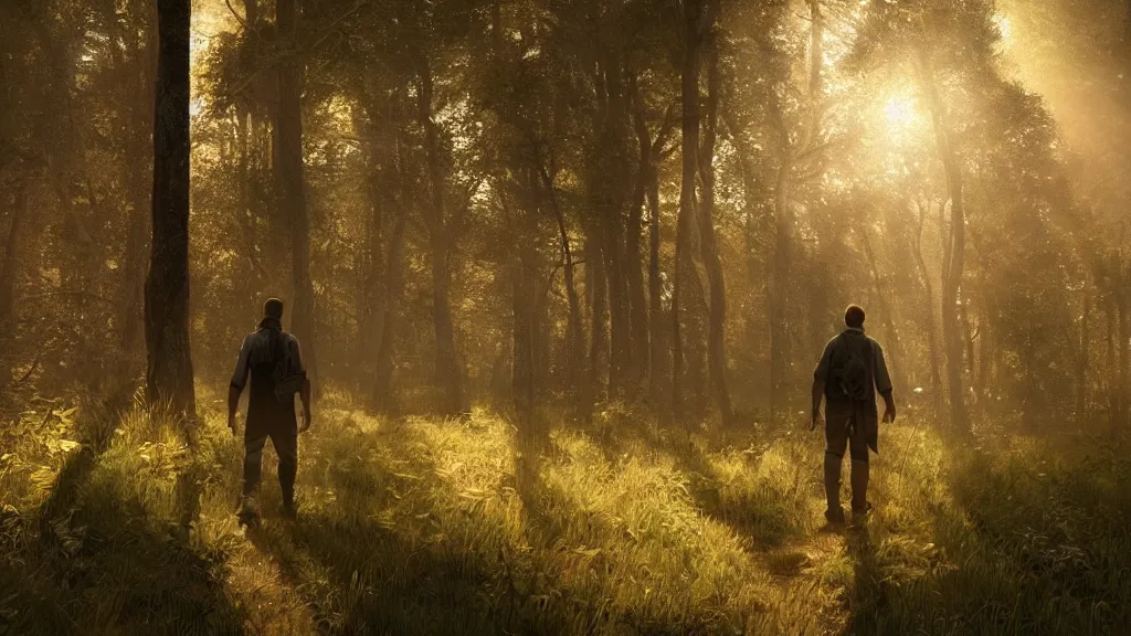 Prompt: beautiful closeup render of an indigenous man walking in the woods, unreal engine, soft light, forest, morning glow, god rays, by greg rutkowski, cgsociety