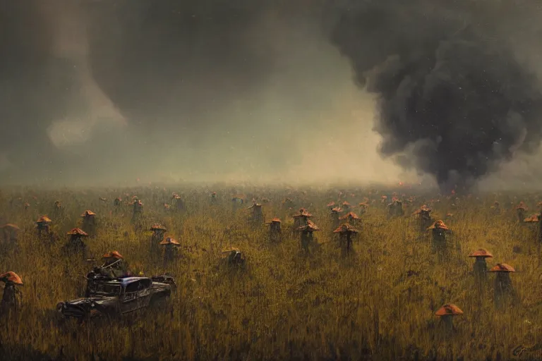 Image similar to chaotic battlefield, multiple soldiers!, thick dark smoke!, vehicles on fire, heavy rain from thick clouds, storm, overgrowth, forest, (mushroom cloud) in the background, bleak, melancholy atmosphere, bird flock flying to the horizon, band of brothers, bf1942, 4k impressionism painting by Gregory Crewdson and Grzegorz Domaradzki and Ivan Shishkin and Jakub Rozalski