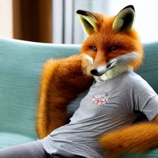 Image similar to an anthropomorphic fox wearing a t-shirt and leans, sitting on a couch