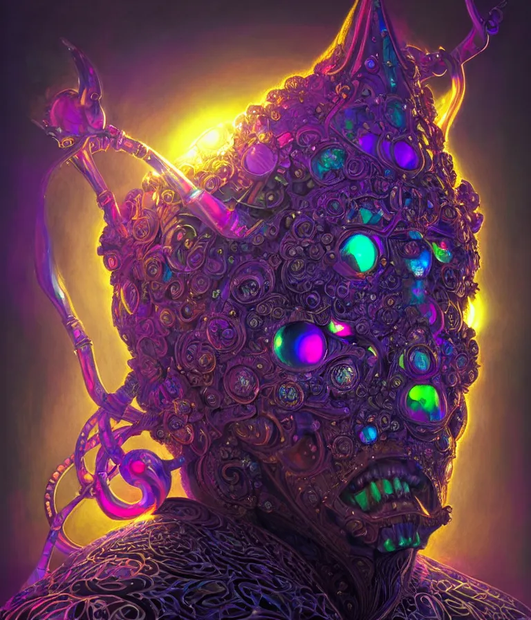 Image similar to front!!! shot of a court jester character, hyperdimensional, bioluminescent hypercubes, dark holography!!!, sunset psychedelic, chrome, (((intricate))), elegant, highly detailed, centered, (((artstation, concept art, smooth, sharp focus, artgerm, Tomasz Alen Kopera, Peter Mohrbacher, donato giancola, Joseph Christian Leyendecker, WLOP, Boris Vallejo))), mugshot!!!!!, ugly!!!!!!, octane render, nvidia raytracing demo, octane render, nvidia raytracing demo, octane render, nvidia raytracing demo, grainy, muted, 8K, digitalblasphemy, metatron