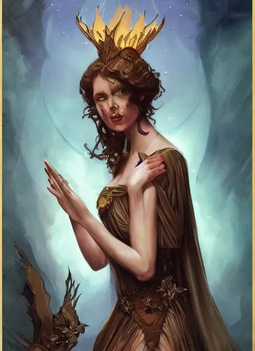 Image similar to tarot!!, fairy queen, fantasy medieval, no noise, elegant, concept art, sharp focus, beautiful face!!, digital art, smooth defined outlines!!, by Brom, trending on Artstation, Tom Bagshaw, Sargent