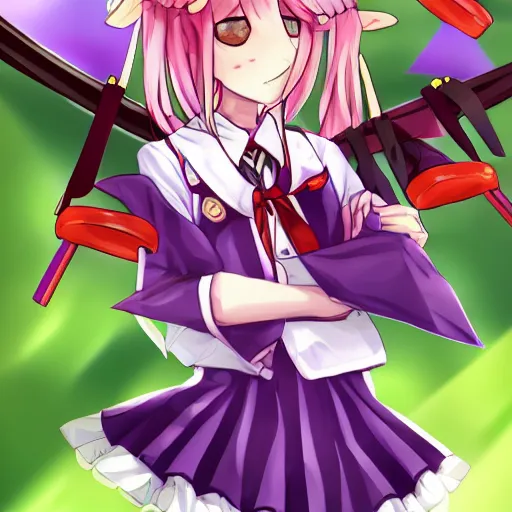 Prompt: Reisen Udongein Inaba, Touhou project, is wearing a white blouse with short sleeves, a red belt, and a blue skirt, Red eyes, long light purple hair, long rabbit ears, Wearing a white blouse, a purple skirt and a red tie, a carrot-shaped clip on the tie, circle eyes, in front, 4k, 2d, high quality, anime artist, reluvy5213