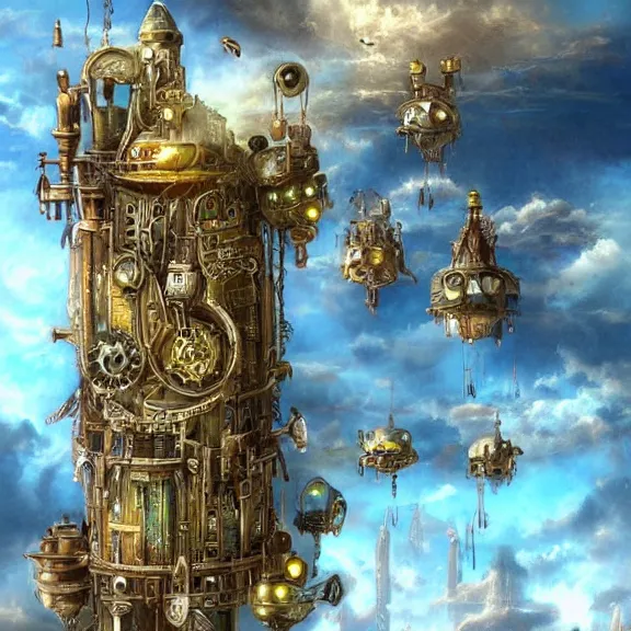 Image similar to flying city in a mechanical flower, sky!, fantasy art, steampunk, masterpiece, behrens style