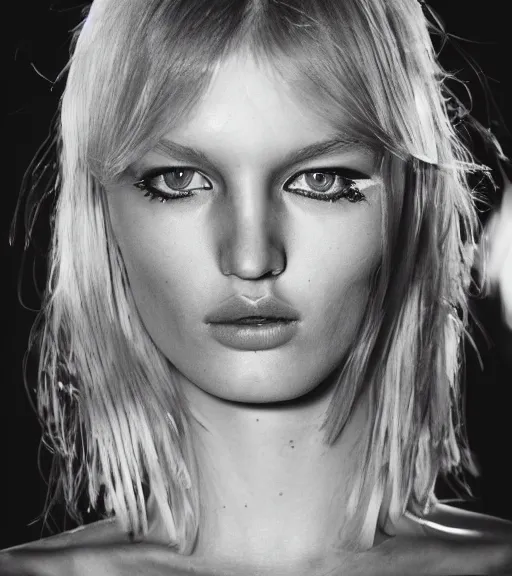 Image similar to A beautiful portrait polaroid of Hana Jirickova as a Alexandre Vauthier fashion model Spring/Summer 2012, highly detailed, in the style of cinematic, Getty images, Milan fashion week backstage, Makeup by Pat McGrath, Hair by guido palau, Greg rutkowski