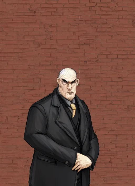 Prompt: a highly detailed illustration of 6 7 year - old clean - shaven chubby chubby chubby white man wearing black detective coat with necktie, heroic pose, brick wall background, intricate, elegant, highly detailed, centered, digital painting, artstation, concept art, smooth, sharp focus, league of legends concept art, wlop.