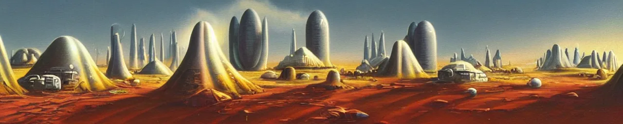 Image similar to retro sci-fi oil painting of an alien landscape with a busy spaceport