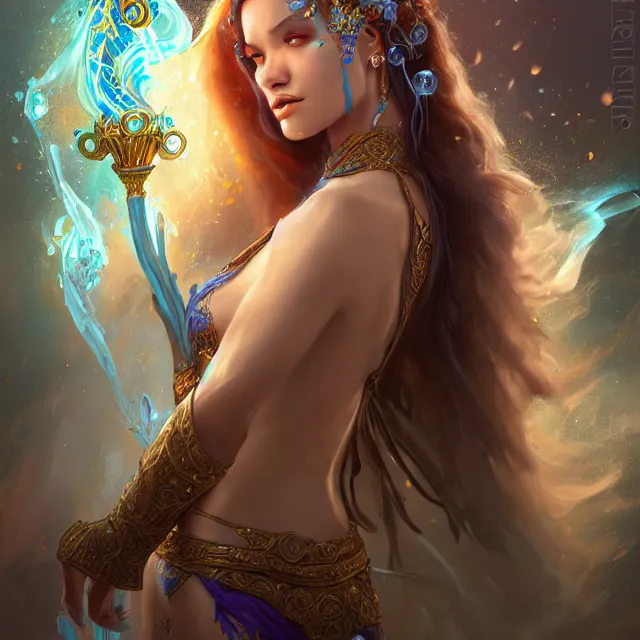 Image similar to beautiful elemental water witch with ornate robes and staff, highly detailed, 4 k, hdr, smooth, sharp focus, high resolution, award - winning photo, artgerm, photorealistic