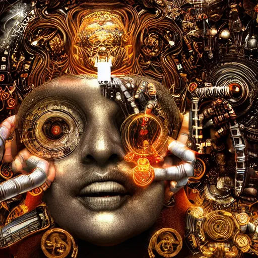 Image similar to blinded cybernetic deity achieving nirvana with its networked mind, lsd, circuitry, intricate detail, royo, whealan, giger, klimt, hd, octane render, unreal engine,