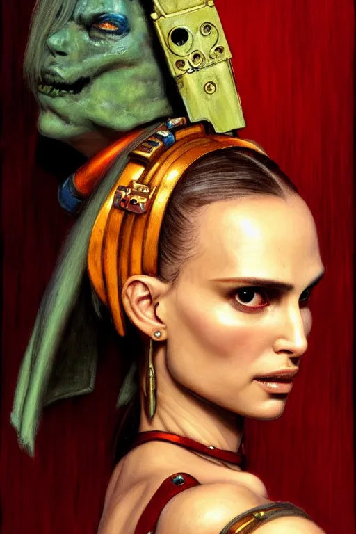 Image similar to character portrait cyberpunk warhammer 4 0 k, natalie portman as the girl with the pearl earring character design, painting by gaston bussiere, katsuya terada, frank frazetta, tom of finland, trending on artstation