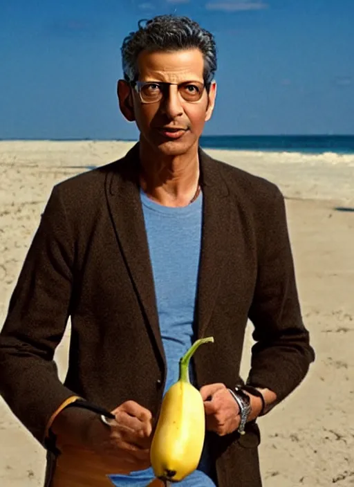 Prompt: jeff goldblum half man half banana on the sand of a beach