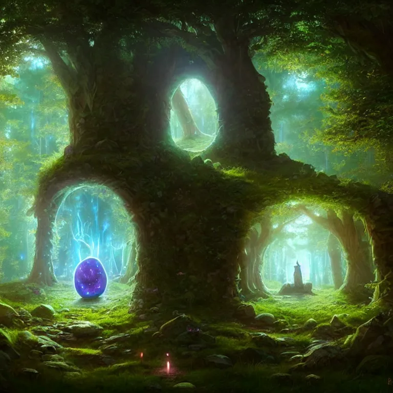 Image similar to Fantasy Magical fairy-tale glowing stone portal in the forest. Round stone portal teleport in trees to other worlds. Fantastic landscape. Magic Altar in the fores, highly detailed, digital painting, concept art, smooth, sharp focus, illustration, art by greg rutkowski