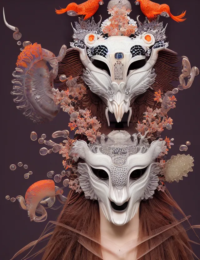 Image similar to 3 d goddess close - up 3 / 4 portrait with ram skull. beautiful intricately detailed japanese crow kitsune mask and clasical japanese kimono. betta fish, jellyfish phoenix, bio luminescent, plasma, ice, water, wind, creature, artwork by tooth wu and wlop and beeple and greg rutkowski