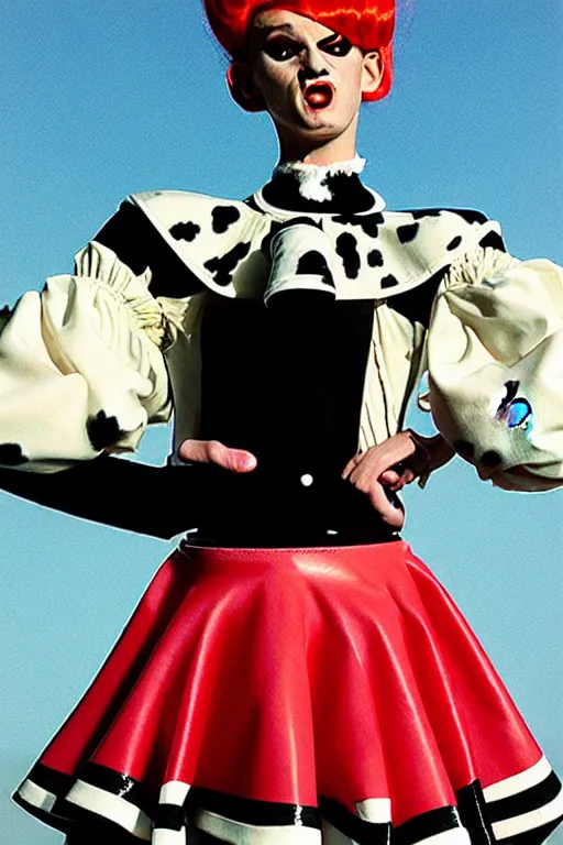Prompt: Haute couture Dutch milkmaid costume with exposed midriff and prosthetic udders. Drag queen, campy. Cow Costume with Udder. Cloven Hoof Go-go Boots. Puff sleeves, ruched bodice. Ruffled skater skirt. Choker necklace with a large cow bell on it. Thierry Mugler Fall 1997. Tom Ford for Gucci 1998