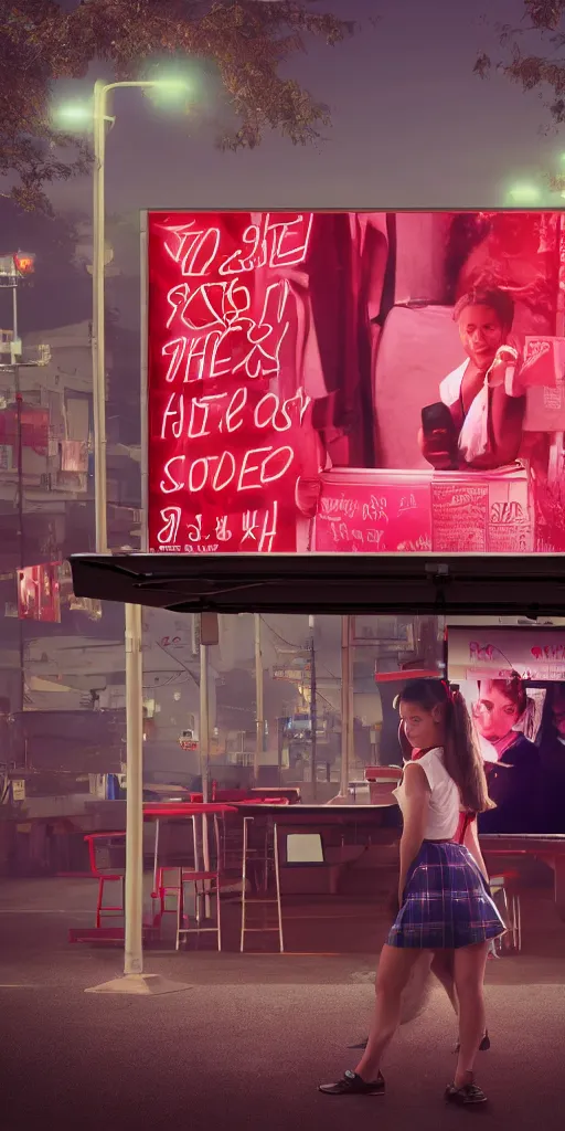 Image similar to movie still of a school girl at an outdoor food stand, she is looking at a white billboard, hyper realism, rack focus, close establishing shot, empty street, monochromatic, red neon, soft dramatic lighting, 4 k digital camera