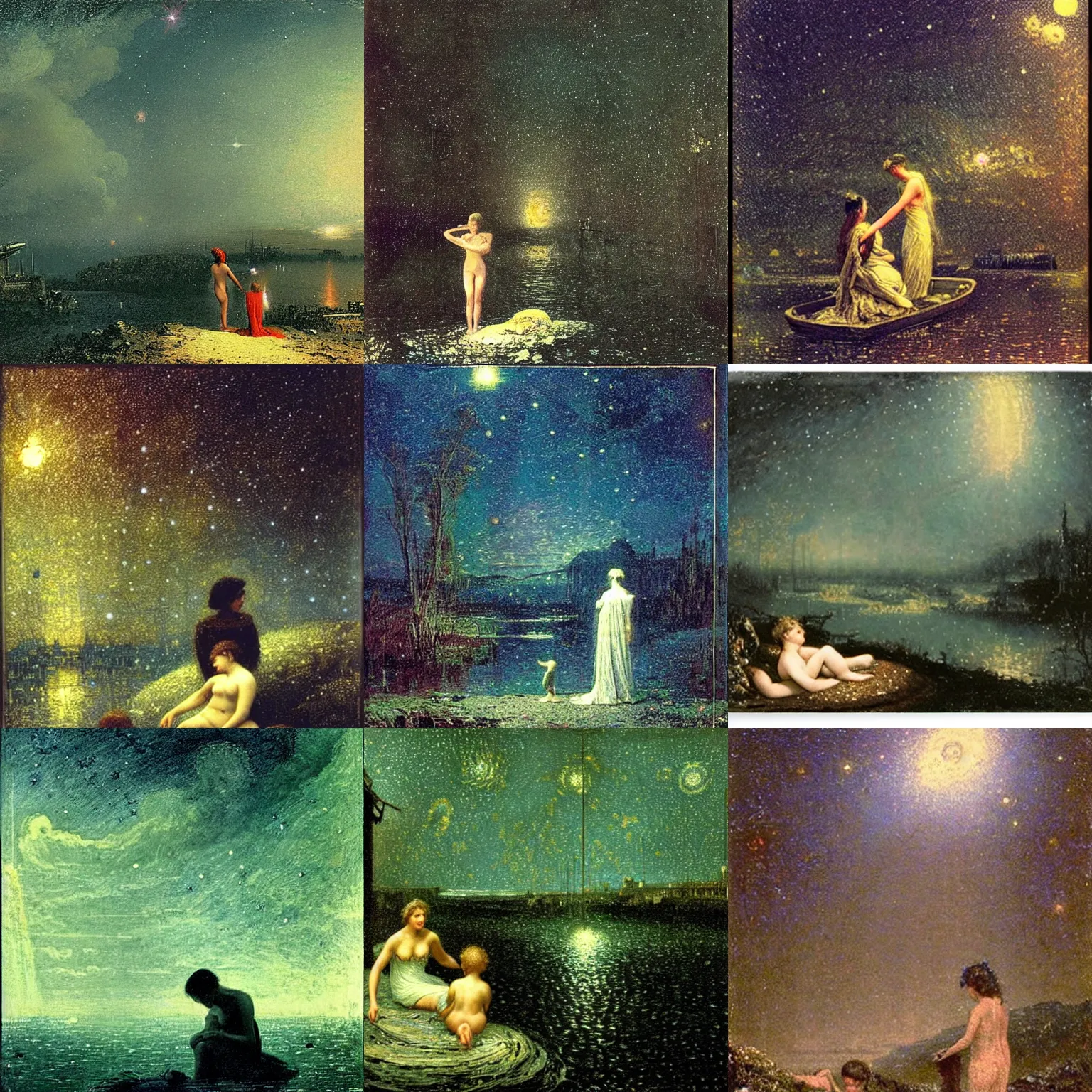 Prompt: the sky is a starry sky, gorgeous nebula is born, big scene, below is child achilles and his mother thetis in the river styx, like the universe, trending on john atkinson grimshaw