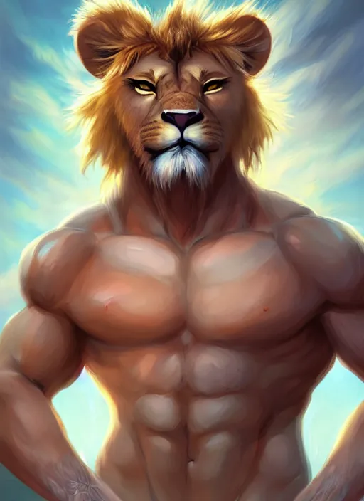 Image similar to award winning beautiful portrait commission art of a muscular male furry anthro lion fursona with a cute beautiful attractive detailed furry face wearing gym shorts and a tanktop. Character design by charlie bowater, ross tran, artgerm, and makoto shinkai, detailed, inked, western comic book art