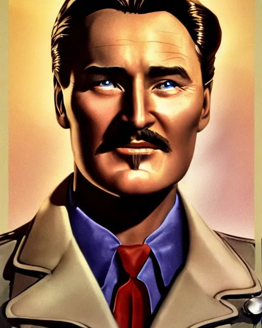 Image similar to Errol Flynn as a scientist. 1980s dystopian Soviet Russia, propaganda screens. Unreal engine, fantasy art by Katerina Ladon. Faithfully depicted facial expression, perfect anatomy global illumination, radiant light, detailed and intricate environment