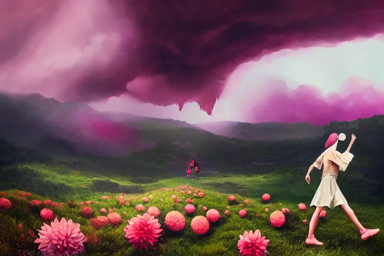 Image similar to giant dahlia flower crown head, girl walking on a mountain, surreal photography, pink storm clouds, dramatic light, impressionist painting, digital painting, artstation, simon stalenhag