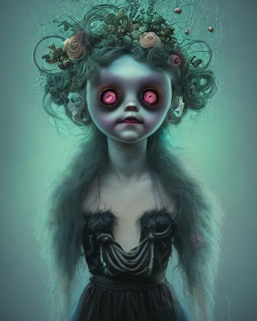 Image similar to one singular portrait of a cute bioluminescent creepy doll, post grunge, highly detailed, digital painting, cinematic, hyper realism, dark retrowave, art by mark ryden and pixar and artgerm and magali villeneuve and alphonse mucha, artstation, octane render, cgsociety